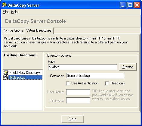 Screen shot for DeltaCopy Server